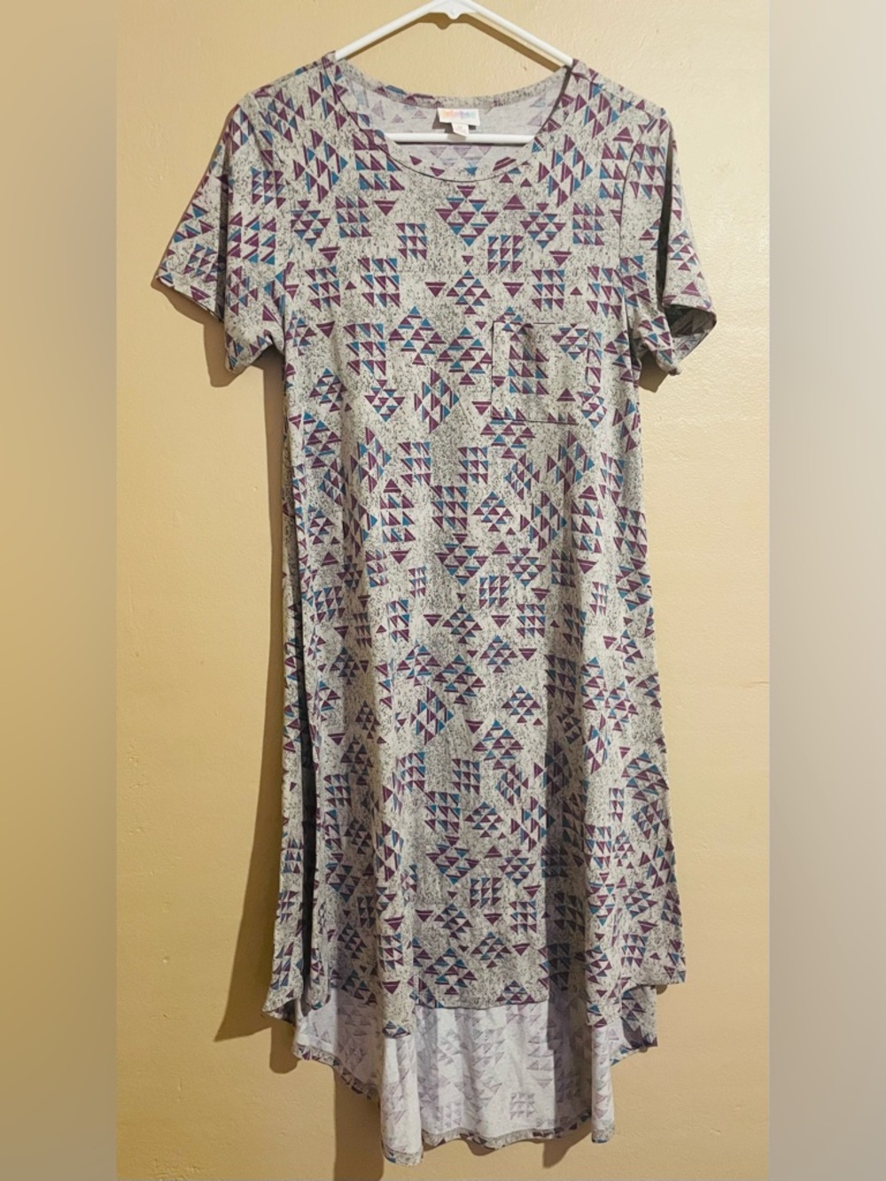 LuLaRoe Midi Dress in Heather Gray with Purple and Teal Geometric Print